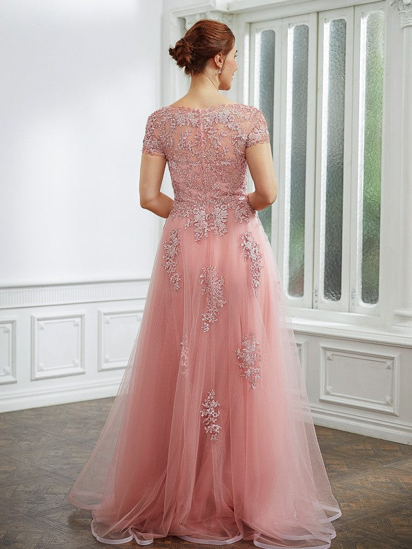 Wholesale A-Line/Princess Tulle Applique Bateau Short Sleeves Floor-Length Dresses